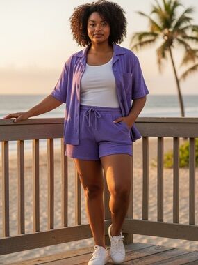 Fabletics Purple Terry Button-Front Shirt & Short Set